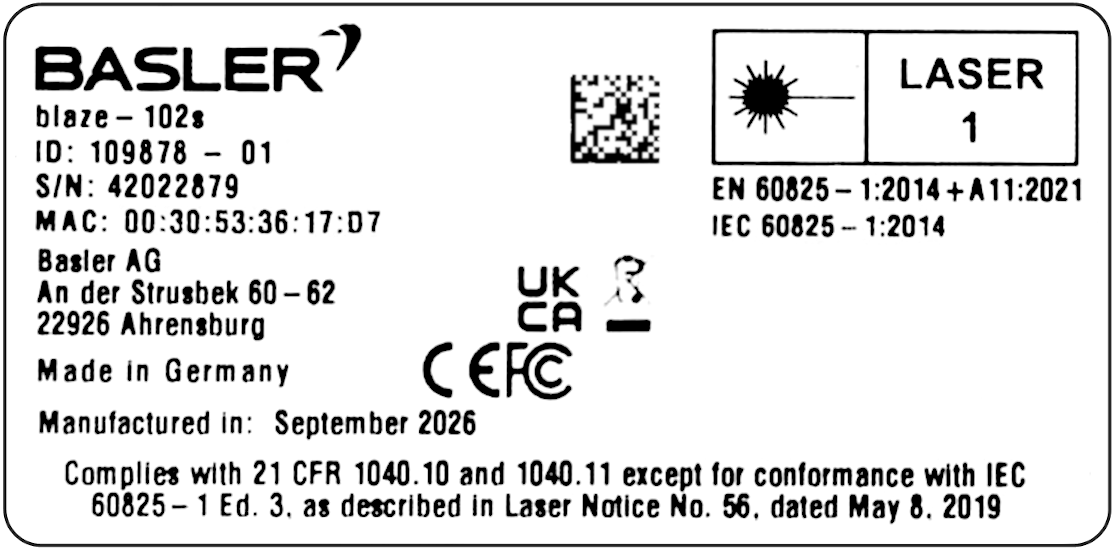 Product Label of the blaze102s Camera Product Label of the blaze102s Camera