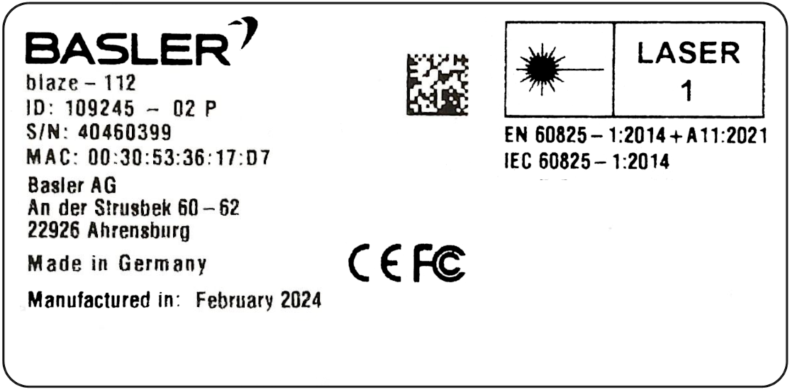 Product Label of the blaze-112 Camera