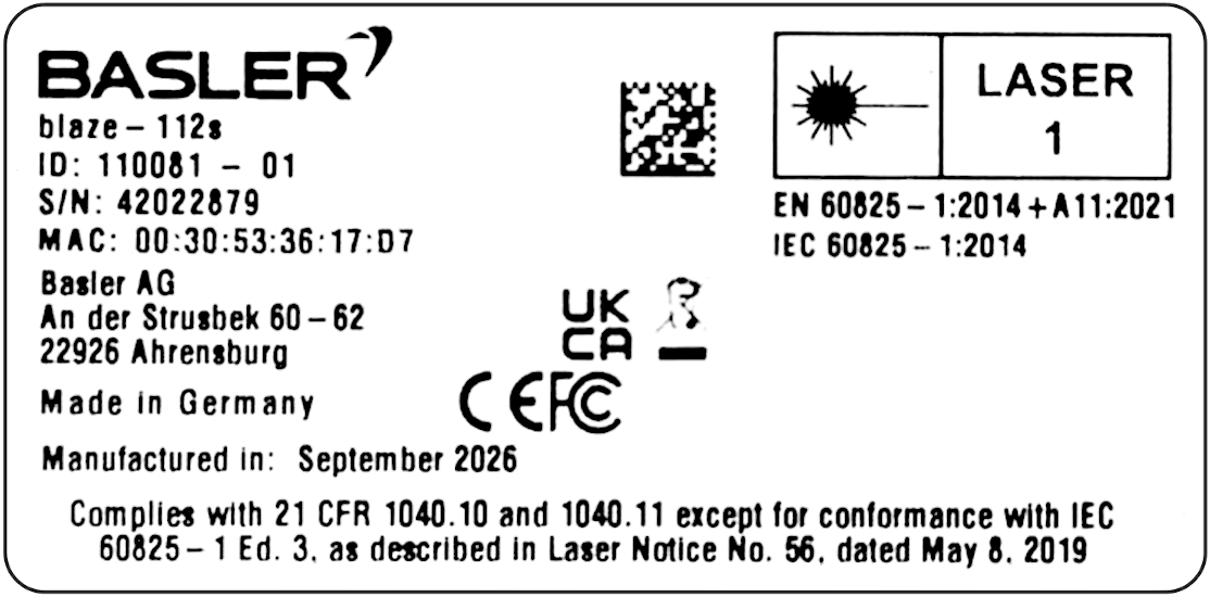 Product Label of the blaze-112s Camera