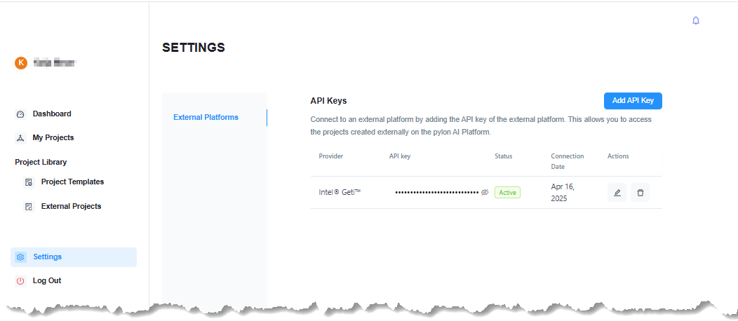 pylon AI Platform - Settings View