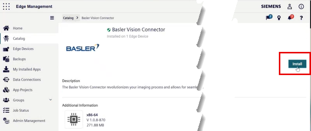 Selected Vision Connector in Catalog)