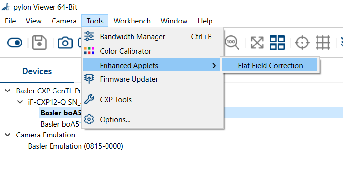 pylon Viewer: Starting the Flat Field Correction plugin