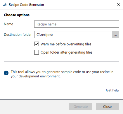 Recipe Code Generator 窗口