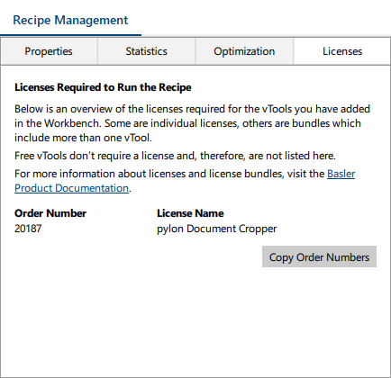 Recipe Management - Licenses Tab