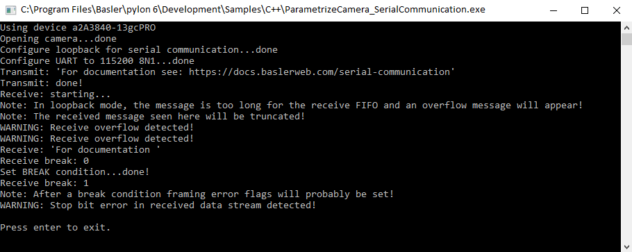 ParametrizeCamera_SerialCommunication Sample Code