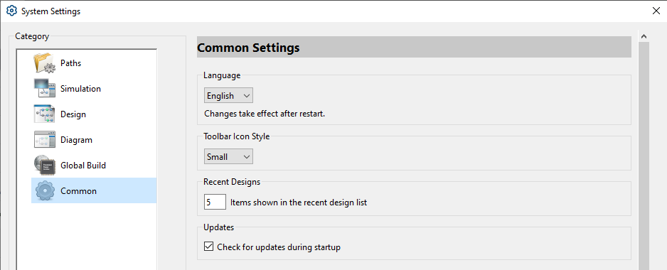 Dialog window for common settings